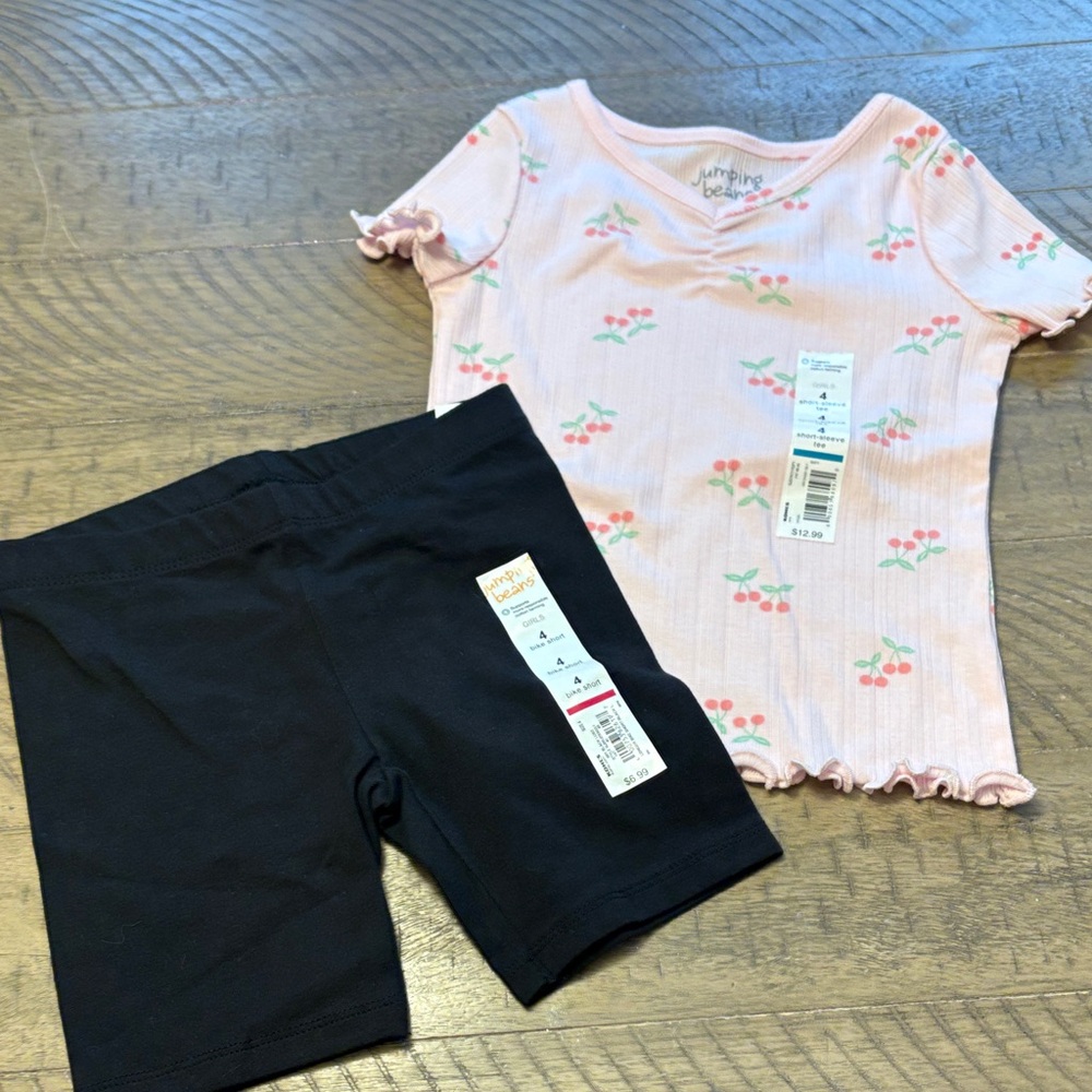 Jumping Beans Pink Cherry Top and black shorts